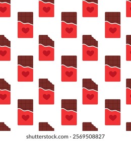 Seamless Pattern. Red packaging whole and bitten chocolate bars with heart. Sweet Valentine day. Vector flat illustration.