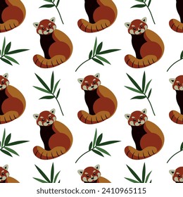 Seamless pattern with red panda and bamboo. For clothing, background, wrapping paper, wallpaper.