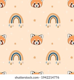 Seamless pattern with red panda, stars and rainbows. Background for wrapping paper,  greeting cards, design.