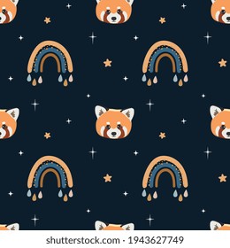 Seamless pattern with red panda, stars and rainbows. Background for wrapping paper,  greeting cards, design.