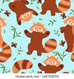 Seamless pattern with red pandas. Vector graphics.