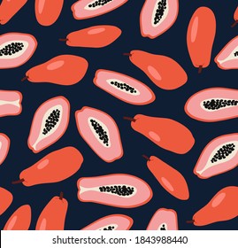 Seamless pattern of red papaya and half of pink papaya background elements on blue background. Colorful background texture for textile, fabric, paper. Vegan food illustration. Tropical fruit pattern.