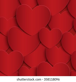 Seamless pattern with red, paper hearts. Vector illustration.