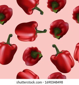 Patrón transparente de paprika rojo con hojas verdes. El producto es paprika de color rojo vegetal. Ilustración de comida de pimienta en fondo rosa.