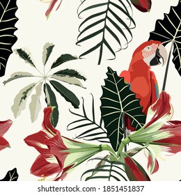 Seamless pattern with red parrot bird, hand drawn colored amaryllis lilies and others paradise flower and palm tropical leaves on light background.