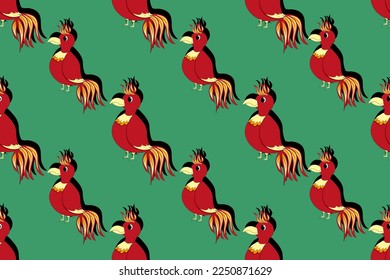 Seamless pattern with a red parrot with a multicolored tail and crest on green background in cut out paper style. Backdrop with tropical birds. Website banner for a zoo or travel agency.