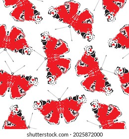 Seamless pattern with red peacock eye butterflies on a light backdrop. Beautiful vector background with stylized bright butterflies. Suitable for Wallpaper, wrapping paper or fabric