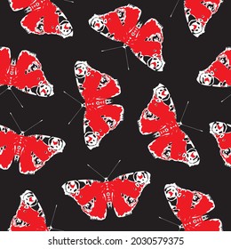 Seamless pattern with red peacock eye butterflies on a black backdrop. Beautiful vector background with bright stylized butterflies. Suitable for wallpaper, wrapping paper, fabric, textiles