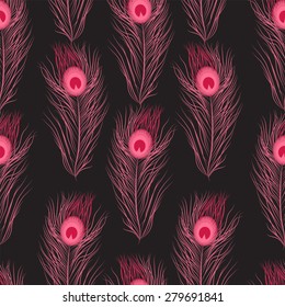 Seamless Pattern of Red Peacock Feathers on black background. Vector Bright  Decorative Pattern with drawn colorful print. Vector 10 EPS