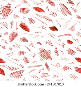 Seamless pattern of red pen strokes and scribbles. Various shapes on white background. Vector illustration.