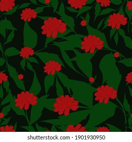 Patrón sin foco con peonías rojas y hojas verdes sobre un fondo negro. Ilustración vectorial.