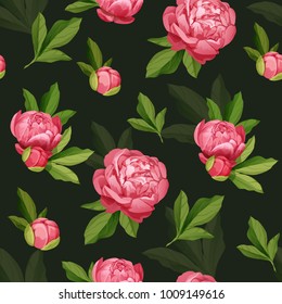 Seamless pattern with red peonies on a dark background