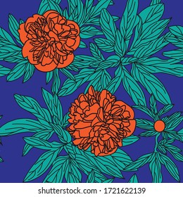 seamless pattern with red peony flowers and green leaves on blue background