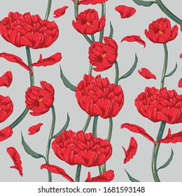 Seamless pattern of red peony on a gray background for an elegant fabric pattern.Vintage red flower pattern vector for wallpaper.Hand painted flower illustration.Blooming flower.
