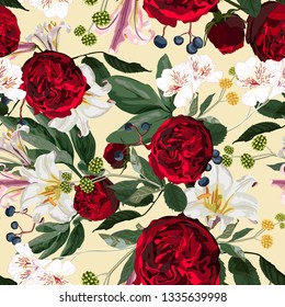 Seamless pattern with red peony, roses, lilies flowers and herbs on yellow background. Floral pattern for wallpaper or fabric. 