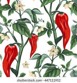 Seamless pattern with red pepper and white flowers vector design.