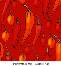 Seamless pattern with red peppers. Endless texture for your design.
