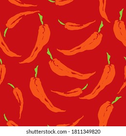 Seamless pattern with red peppers on Red background.