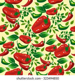 Seamless pattern with red peppers, paprika and herbs. Vector illustration.