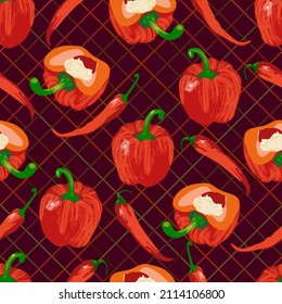Seamless pattern with red peppers. Vector illustration with brush texture
