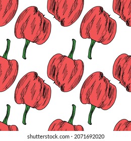 seamless pattern of red peppers. the whole vegetable pepper pattern, hand-drawn in sketch style, is red, often placed on a white background for a design template.