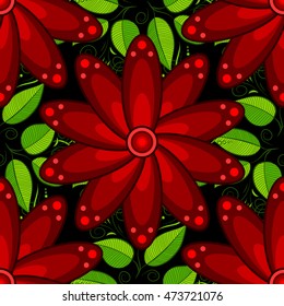 Seamless pattern with red petals flowers anf green leaves. Hand-drawn floral background.