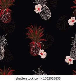  Seamless pattern red Pineapple and hibiscus background in hand drawn style. Vector illustration. Design for invitations, greeting cards, wrapping paper, posters, fabric print on black