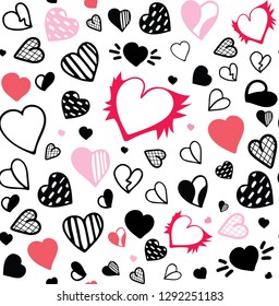 seamless pattern with red  pink black doodle hearts on white
