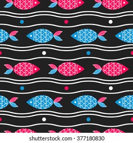 Seamless pattern with red, pink and blue cartoon fish swimming in the sea or ocean. Nautical background with waves and bubbles. Sea life. Marine underwater illustration.