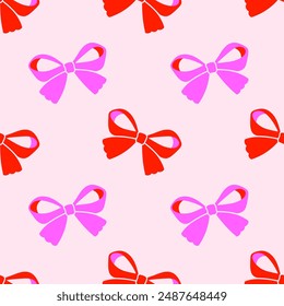 Seamless pattern with red and pink bows on a beige background. Girly background. Repeating print for fabric, wrapping paper, textile