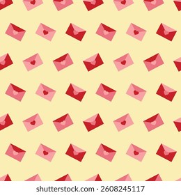 Seamless pattern of red and pink envelopes with hearts on a light yellow background