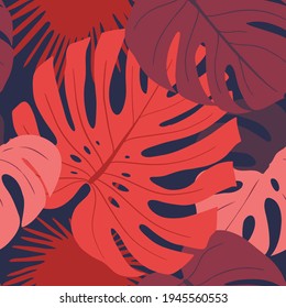 Seamless pattern with red and pink exotic leaves on dark background, monstera plant