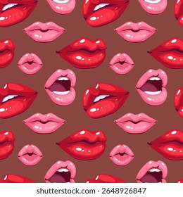 Patrón sin fisuras de labios femeninos rojos y rosados. Diseño moderno y juguetón perfecto para la marca de cosméticos, estampados de moda, papel de regalo. Fondo elegante, atrevido y femenino.