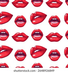 Nahtloses Muster aus roten und rosa weiblichen Lippen. Trendy, verspieltes Design perfekt für Kosmetik-Branding, Modedrucke, Packpapier. Stilvoller, kräftiger und femininer Hintergrund.