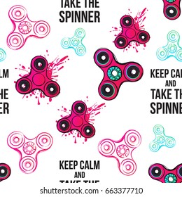 Seamless pattern with red or pink fidget spinner and keep calm and take the spinner text. Vector hand drawn fashion illustration on white background in watercolor style.