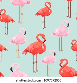 Seamless pattern with red and pink flamingos