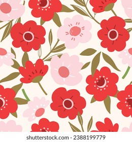 Flores rojas y rosadas sin foco sobre fondo blanco, fondo floral vintage, patrón para papel tapiz de diseño, papel de envoltura de regalo y huellas de moda.