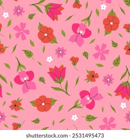 Patrón sin fisuras con flores rojas y rosadas. Gráficos de Vector.