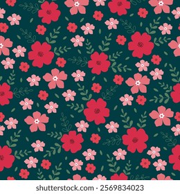 Seamless pattern with red and pink flowers on dark green background. Hand drawn floral pattern for your fabric, summer background, wallpaper, backdrop, textile. Vector illustration