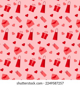 Seamless pattern with red and pink gift boxes and hearts on pink background. Vector illustration