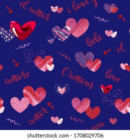 Seamless pattern with red and pink hearts with word love written in different languages isolated on the blue background. Endless texture for cards, print, decoration, invitations. Vector