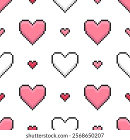 Seamless pattern with red and pink hearts in pixel style on a white background. Concept of Valentine day. Vector illustration