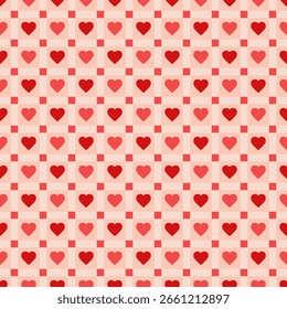 Seamless pattern with red and pink hearts on a checkered background. Perfect for Valentine’s Day, romantic designs, wrapping paper, textiles, and greeting cards.