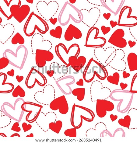 Seamless pattern of red and pink hearts with playful outlines, perfect for Valentine's Day, wrapping paper, or romantic backgrounds.