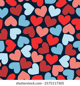 Seamless pattern. Red, pink and light blue hearts on dark blue background, lots of hearts, love day, valentine's day.