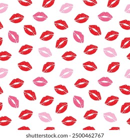 Seamless pattern of red and pink lipstick kiss marks on a white background, perfect for fashion, beauty, and Valentine’s Day designs. Ideal for textiles, decorations, and romantic themes