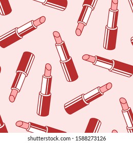 Seamless pattern of red, pink lipsticks, cosmetic  items on tender pink background