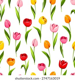 Seamless pattern with red, pink, orange, and yellow tulip flowers on a white background. Vector floral print. Hand-drawn illustration, not AI