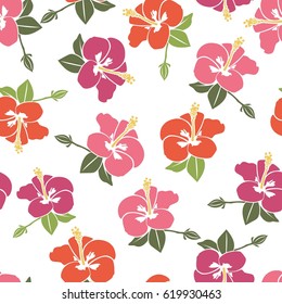Seamless pattern of red, pink and orange hibiscus flowers on white background