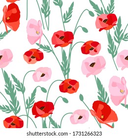 Patrón sin foco de flores de amapola sobre fondo blanco para textil, papel pintado, ilustración vectorial.